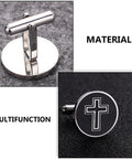 Cross Cufflinks For Men In Titanium Steel, black cufflinks with a cross, slick fashion fasteners for formal shirts, close-up view