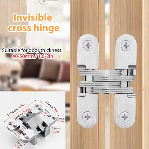 Invisible cross hinge for doors 40-50mm thick, ideal for seamless installations.