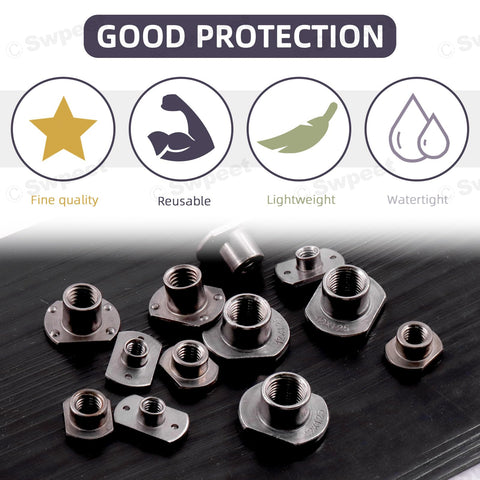 Solid As A Rock M10 T Shaped Weld Nuts 10 Piece Black Carbon Steel Tab Fasteners With UNC Threads and Four Millimeter Projection displayed on a black surface.