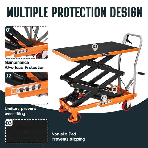 Heavy-Duty Hydraulic Lift Table Cart With Reliable Pump And Easy Operation Max Capacity 770 Lbs with overload protection features.