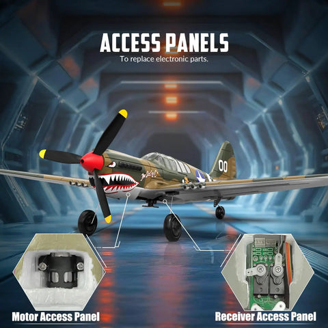 4 Channel RC Plane P40 Fighter With Aileron And 6 Axis Gyro showing motor and receiver access panels for maintenance.