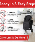 Bigger Trolley Dolly Foldable Black Shopping Cart For Grocery And Light Haul, shown with step-by-step usage instructions.