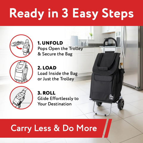 Bigger Trolley Dolly Foldable Black Shopping Cart For Grocery And Light Haul, shown with step-by-step usage instructions.