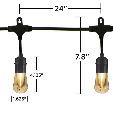 48 Ft Soft Warm White Outdoor String Lights With Shatterproof Acrylic Bulbs showing bulb spacing and dimensions