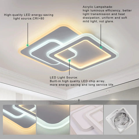 Dimmable Acrylic Ceiling Light With Remote Control Dope Modern LED Fixture Close To Ceiling Square Chandelier 72W White Finish