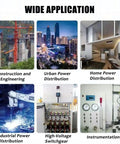 Wide application images showcasing Construction and Engineering, Urban Power Distribution, Home Power Distribution, Industrial Power Distribution, High-Voltage Switchgear, and Instrumentation.