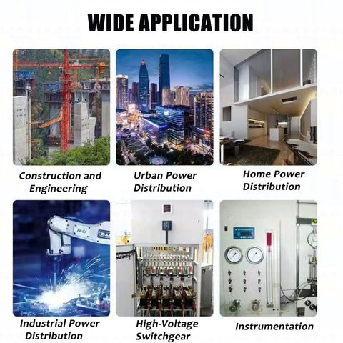 Wide application images showcasing Construction and Engineering, Urban Power Distribution, Home Power Distribution, Industrial Power Distribution, High-Voltage Switchgear, and Instrumentation.