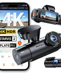 Beast 4K Front, 2.5K Interior, 1080P Rear Dash Cam with Triple STARVIS 2 Sensors, showing app interface and device features