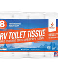 Fast Dissolving Two Ply RV Toilet Paper That Is Septic Tank Safe Made In USA Eight Roll Pack With Five Hundred Sheets Each Biodegradable Bath Tissue For Camping Marine And RV Holding Tanks Soft Yet Durable package front view