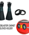 Green 23.6 Inch Sandblasting Gloves For Sandblaster Cabinets Rubber Protective Gloves displayed with cabinet and holder