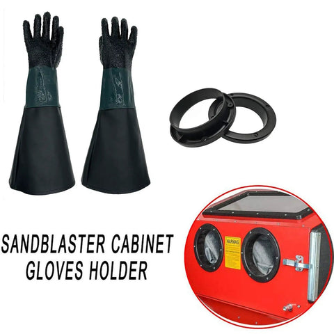 Green 23.6 Inch Sandblasting Gloves For Sandblaster Cabinets Rubber Protective Gloves displayed with cabinet and holder