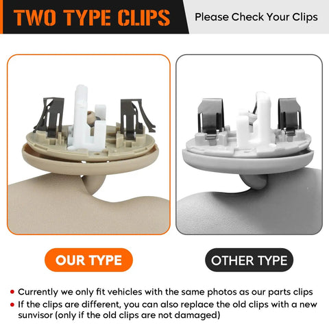 Comparison of two clip types for Toyota RAV4 Left Driver Side Beige Sun Visor With Vanity Light Replacement For 2006 2013