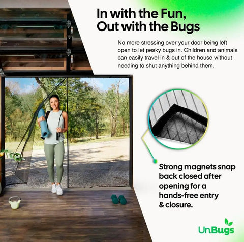 Woman holding yoga mat walking through One Car Garage Screen Door With Magnetic Hands Free Closure, Fits Openings Up To Nine Feet Wide And Seven Feet Tall, Self Closing Bug Barrier, Kid And Pet Friendly, Lets Fresh Air In While Keeping Bugs Out