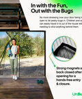 Woman demonstrating Single Car Garage Screen Door Fits Openings Up To Eight Feet Wide And Seven Feet Tall Easy Install Self Closing Hands Free Magnet Closure Keeps Bugs Out And Lets Fresh Air In Pet Friendly Kid Safe in garden setting.