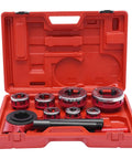 All In One Pipe Threading Kit With Seven Die Heads And Ratchet For PVC Galvanized Iron Plastic And PPR Pipes From Three Eighths Inch To Two Inches In Red Finish, shown in carrying box.