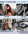 Comparison of two women using soft pink hearing protection ear muffs; one enjoying concert sound attenuation, other covering ears, with foldable design for travel shown.