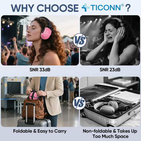 Comparison of two women using soft pink hearing protection ear muffs; one enjoying concert sound attenuation, other covering ears, with foldable design for travel shown.