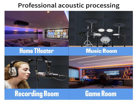 Top Shelf Egg Crate Foam Soundproof Panels High Density Fireproof Wall Acoustics 48 X 24 X 2 Inches Black in home theater and music studio.
