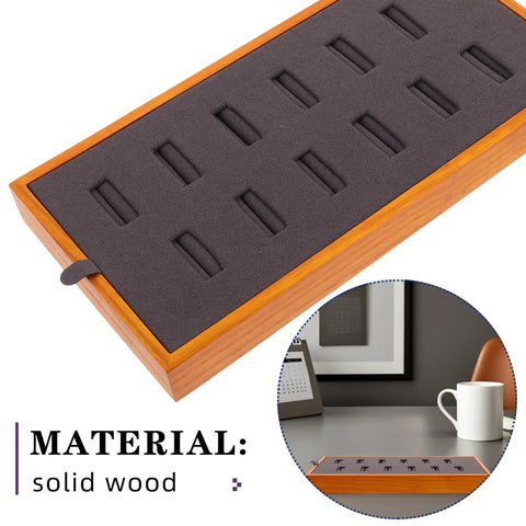 Slick Gray Solid Wood Jewelry Display Tray Featuring 12 Ring Slots top view showcasing solid wood design with soft padding.