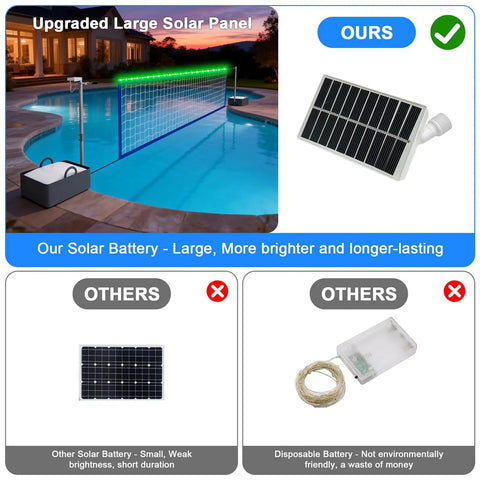 Pool Volleyball Net Set With LED Lights And Solar Panel For Lit Nights By The Pool Adjustable 15 To 32Foot Length Inground Pools Outdoor Backyard Water Volleyball Game Toy For Parties, showcasing solar panel and net installation.