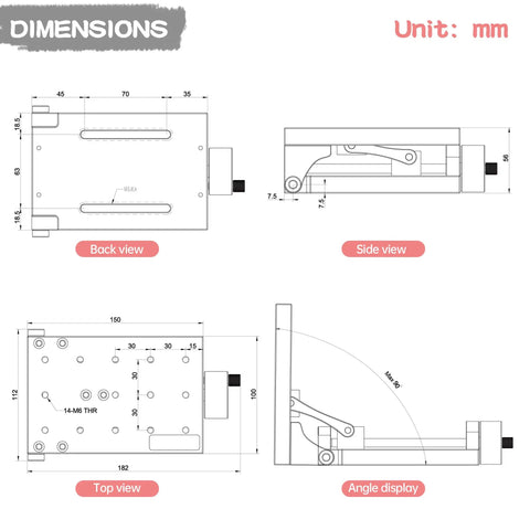 0 to 90 Degrees Tilt Stage With Pro Grade Precision Manual Angle Adjustment, Heavy Duty 6061 Aluminum Platform, Smooth Screw And Copper Nut Self Locking Mechanism For Drift Free, Stable Angles, Ideal For Microscopes, Cameras, And Labs. Dimensioned back, side, top views