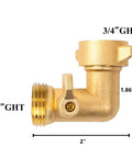 Side view of 90 Degree Garden Hose Adapter With Shut Off Valves And Two Extra Washers, Solid Brass Three Quarter Inch Hose Elbow Connector.