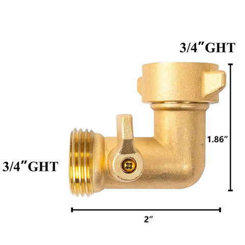 Side view of 90 Degree Garden Hose Adapter With Shut Off Valves And Two Extra Washers, Solid Brass Three Quarter Inch Hose Elbow Connector.