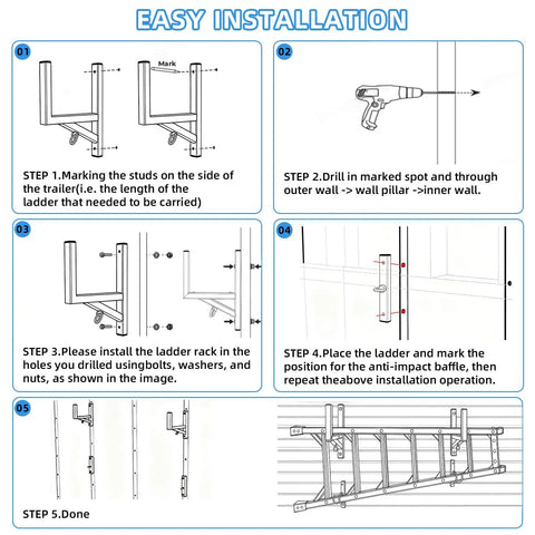 Easy installation guide for Built Like A Tank Adjustable Aluminum Cargo Trailer Ladder Rack with ladder mounting steps.