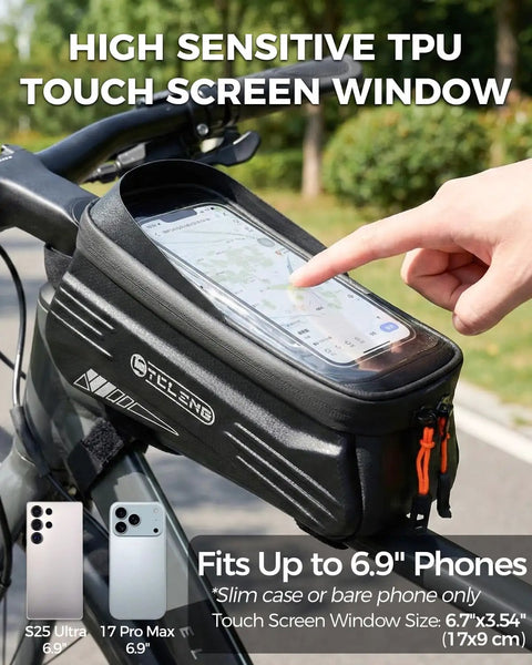 Ridiculously Handy 2L Bike Front Frame Bag With Water Resistant Top Tube Mount Touchscreen Friendly Window shown on bike
