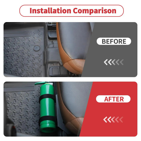 Installation comparison of Underseat Fire Extinguisher Mount for Ford Bronco Sport 2021 2025 Quick Access Front Row Seat Bracket
