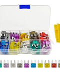 Heavy Duty Mini Blade Fuse Assortment Kit With Puller For Cars Rv Trucks And Boats 120 Piece Electrical Swap Set with colorful fuses and puller.