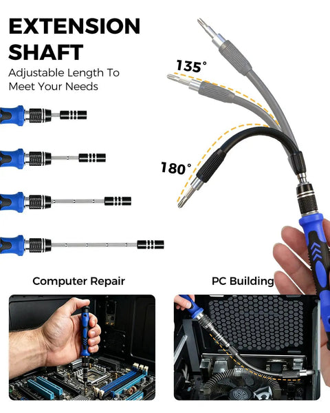 Pro 140-In-1 Computer Repair Kit extension shaft with adjustable angles for laptops and consoles.