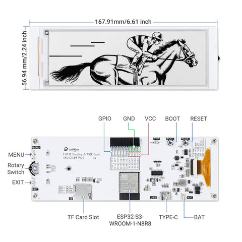 ESP32 S3 Powered 5.79 Inch E Ink Display E Paper HMI Module With SPI Interface Low Power Power Off Retention Dope Development Friendly For DIY IoT Projects And Handheld Gadgets Crisp Black White Display Battery Saver, front and back view
