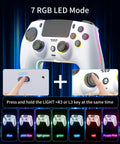 Wireless Controller For PS5 Pro Slim And PC, front view showing 7 RGB LED modes and buttons in different colors.