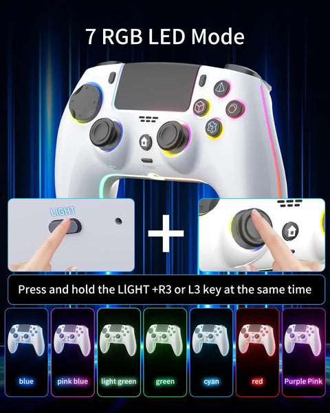 Wireless Controller For PS5 Pro Slim And PC, front view showing 7 RGB LED modes and buttons in different colors.