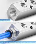 Close-up of 3 Way 5 Port Pneumatic Manifold Aluminum Block With 1/2 Inch NPT Input And 1/4 Inch NPT Output For Air Distribution And Exhaust.