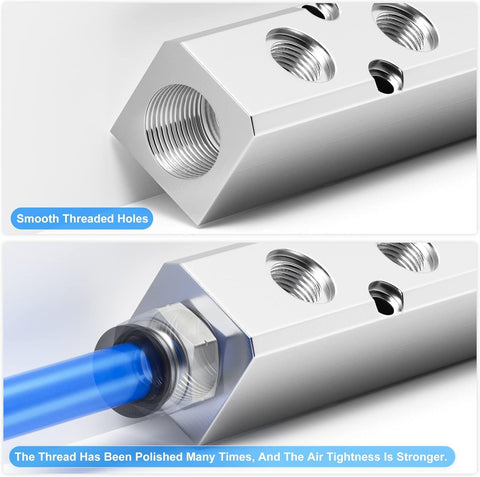 Close-up of 3 Way 5 Port Pneumatic Manifold Aluminum Block With 1/2 Inch NPT Input And 1/4 Inch NPT Output For Air Distribution And Exhaust.