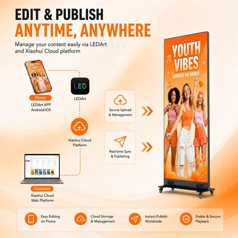 Sleek Eighty Inch Led Poster With P1.86 Razor Sharp Resolution And Rugged Flight Case For Event Rentals Weddings And Commercial Displays Where Plug And Play Setup Goes Hard On Any Venue Floor, showcasing LEDArt management app.
