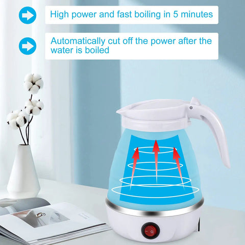 On The Go Portable Electric Kettle 600ml Foldable Tea Coffee Kettle With Collapsible Cup Set Fast 5 Minute Boil BPA Free Food Grade Silicone 110V 400W Ideal For Camping Office Travel shown with boiling illustration.
