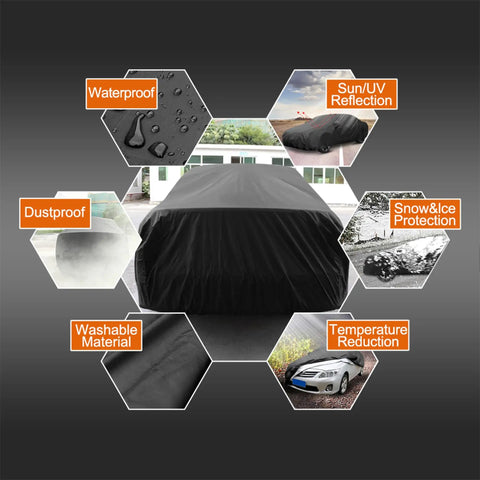 All Weather Waterproof Car Cover For Sedan Keeps Your Ride Protected From Rain And Sun Universal Fit With Windproof Straps And Buckle Bottom Easy On And Off 470 X 170 X 150 Cm with waterproof and dustproof features illustration