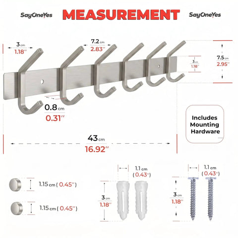 Wall Mounted Coat Rack With 17 Inch Stainless Steel Rail And Six Heavy Duty Double Coat Hooks In Brushed Nickel Finish, A Slick Entryway Organizer For Hats, Towels, Bags, Coats And More.