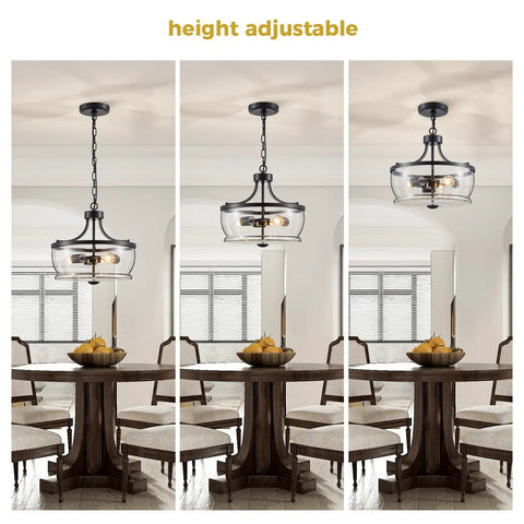 Firedanz 3-Light Glass Pendant Light, Height Adjustable displayed in three heights above a wooden dining table.