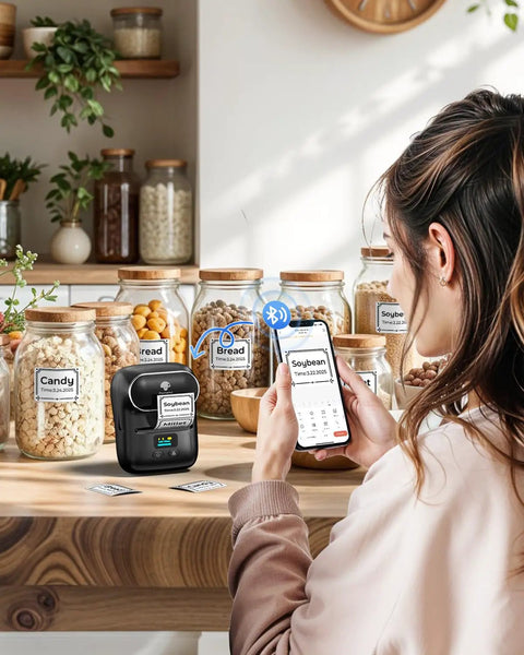 Woman using Bluetooth Portable Label Printer For Small Biz Fast Thermal Label Maker For Barcodes Addresses Clothing Pricing Mail Jewelry Cables And More Works With Phone And PC to label kitchen jars.