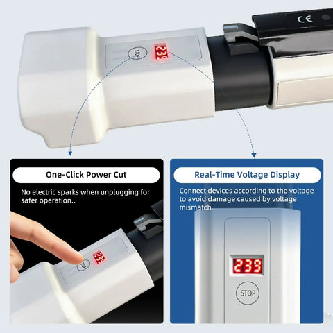 Sweetly Compact J1772 To Nema 5-15 And 5-20 Ev Charging Converter With Digital Meter showing power cut and real-time voltage display.