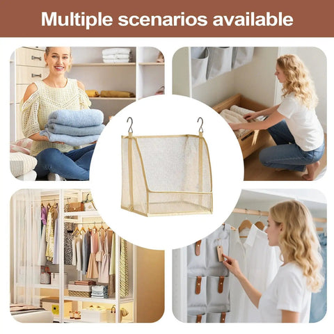 Premium Hanging Closet Organizer With Ultra Soft Fabric Shelves displayed in multiple settings, showcasing organization use for clothes.