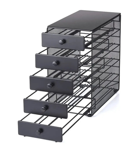 Boss Level Coffee Pod Drawer In Black Satin Finish Ideal For K Cups Up To 90 Pods, 5-Tier XXL Countertop Organizer showing open drawers
