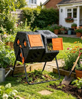 Heavy Duty 45 Gallon Plastic Compost Bin With Dual Chamber Rotating Tumbler, 2 Sliding Doors, Adjustable Air Vents, Weather Resistant Outdoor Garden Kitchen Yard Waste Container In Orange in garden setting