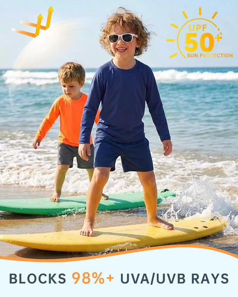 Toddler Rash Guard Swim Shirt For Boys Long Sleeve UPF 50+ Sun Safe Protection Quick Dry Beach Swim Tee Navy Blue For All Day Water Activities