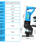 Dimensions and specifications of 1300W Electric Hydraulic Hole Puncher For Metal And Steel Plates 110V 50Hz 10T Output Punch Tool.