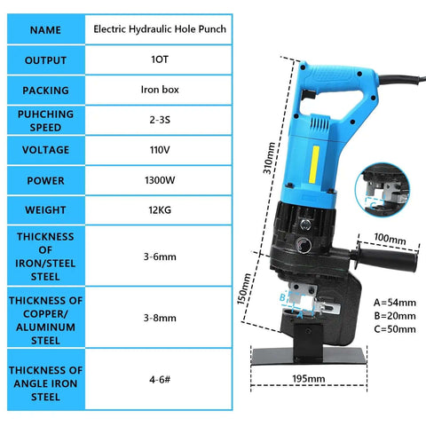 Dimensions and specifications of 1300W Electric Hydraulic Hole Puncher For Metal And Steel Plates 110V 50Hz 10T Output Punch Tool.